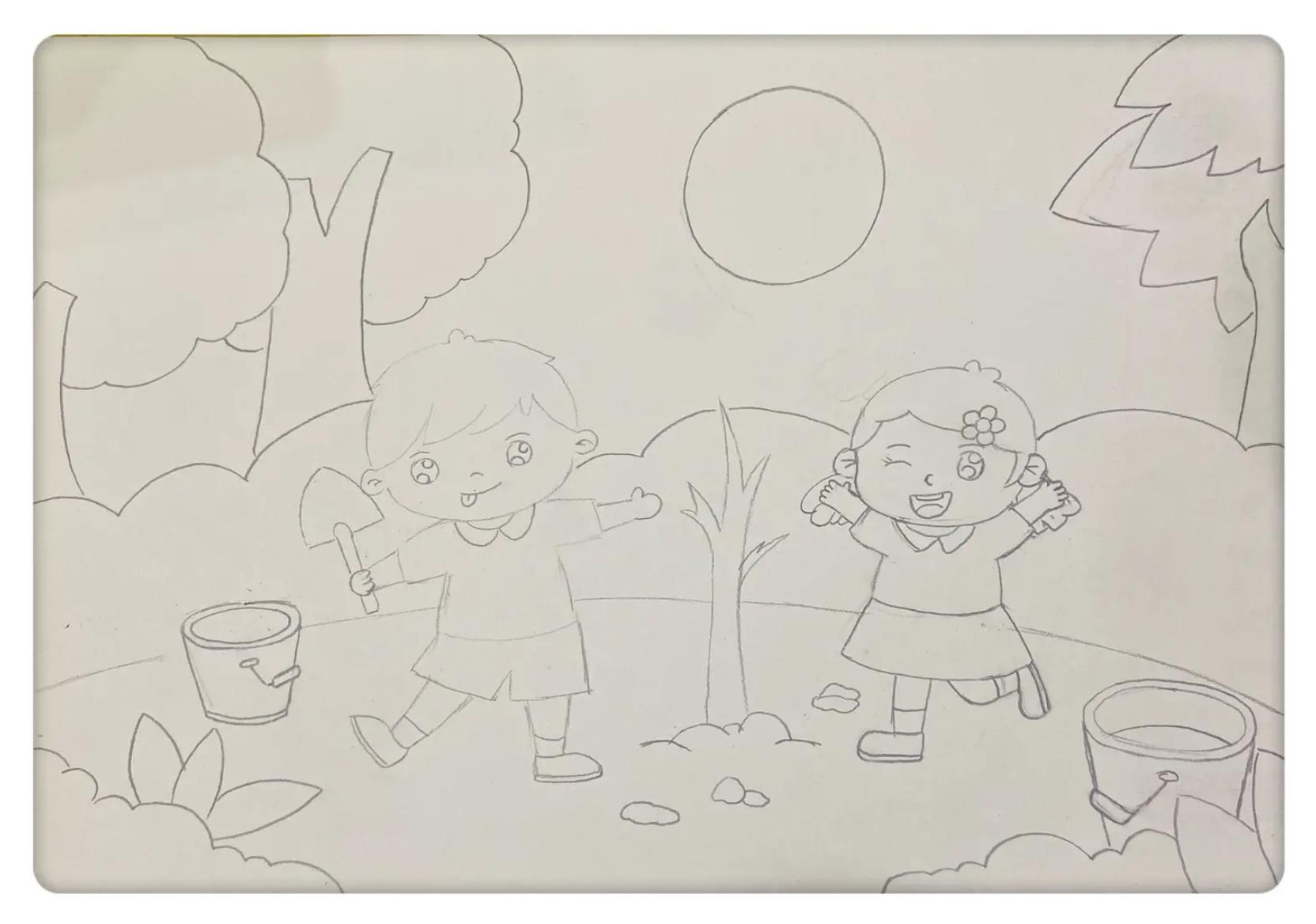 小学生植树简笔画四年级 植树小朋友的简单画法
