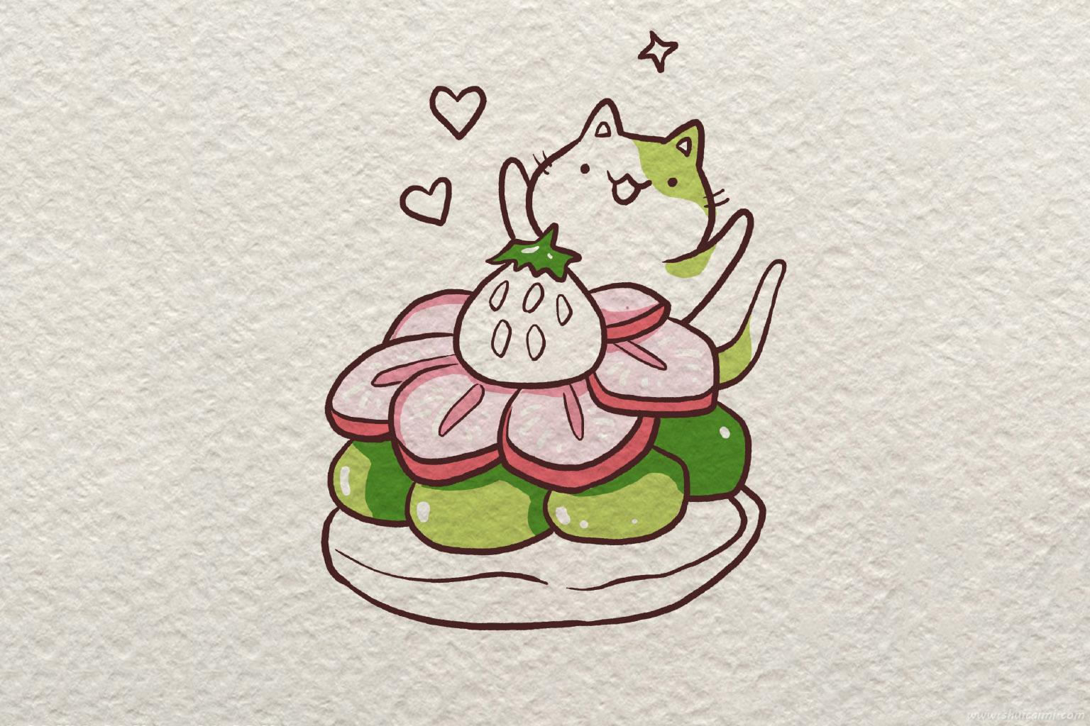 吃蛋糕开心小猫怎么画 吃蛋糕开心小猫简笔画画法