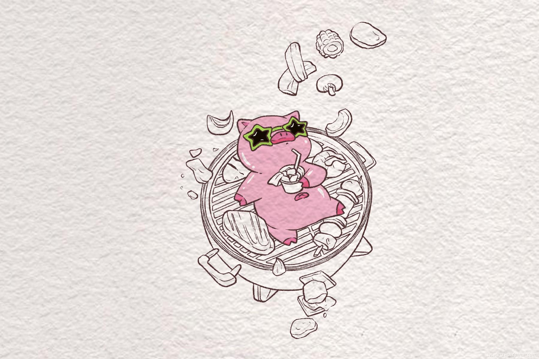 创意烧烤小猪怎么画 创意烧烤小猪简笔画彩色