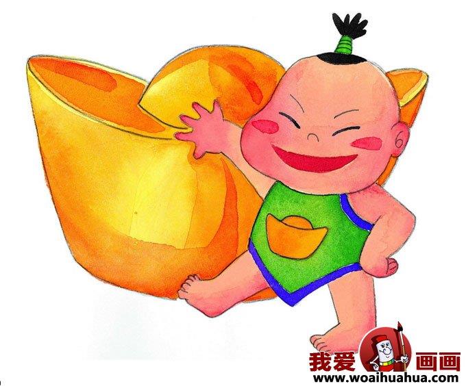 过年图片小胖孩扛着大元宝简笔画怎么画 过年图片小胖孩扛着大元宝简笔画画法