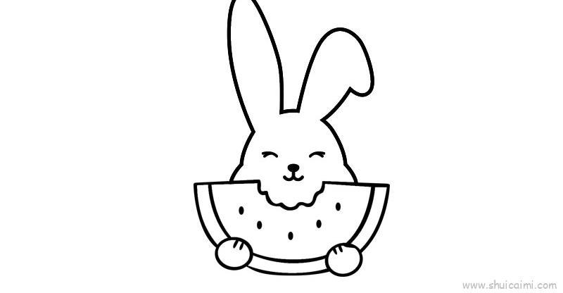 小动物之小白兔吃西瓜儿童画怎么画 小动物之小白兔吃西瓜简笔画图片大全