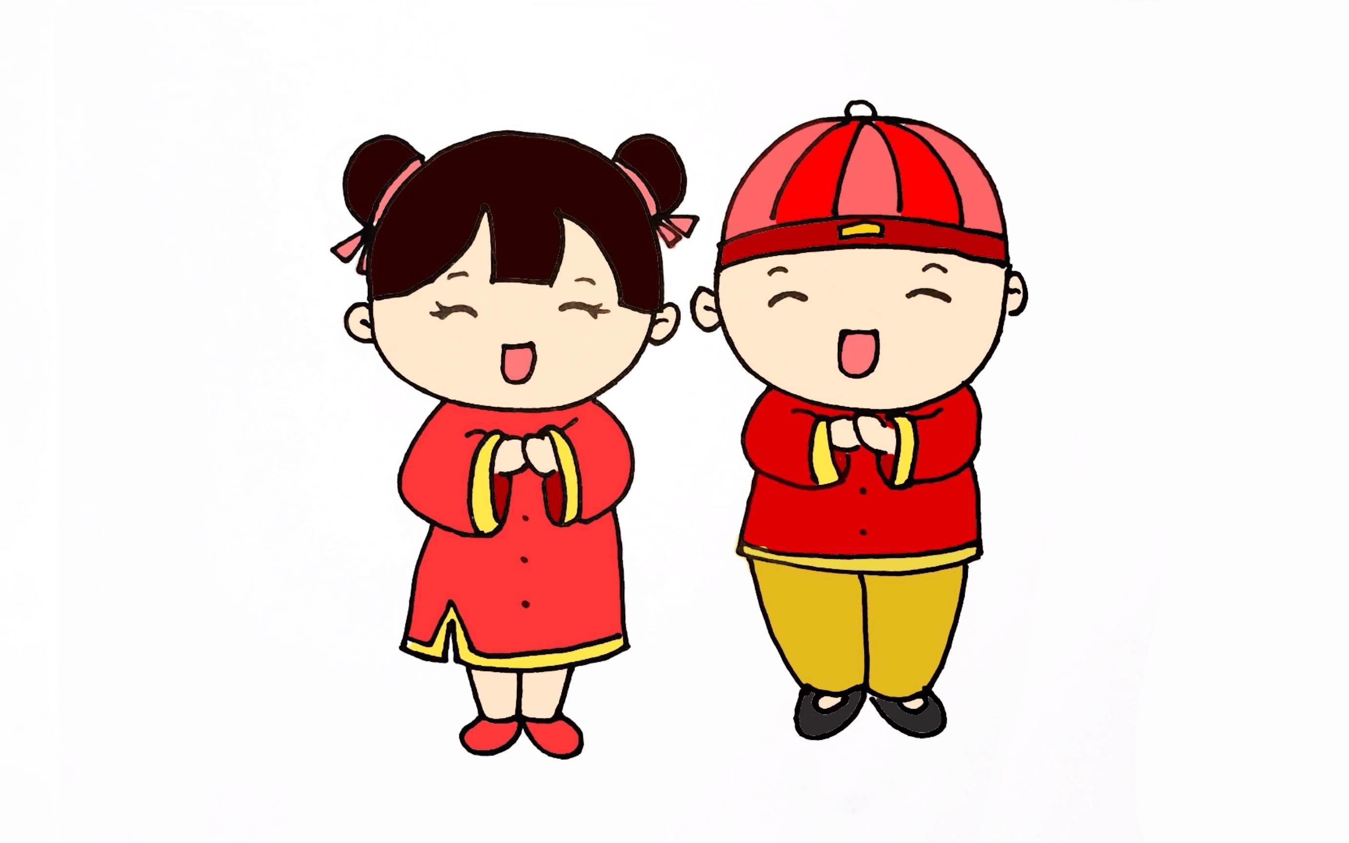 中国娃娃拜年简笔画图片 中国娃娃简笔画拜年