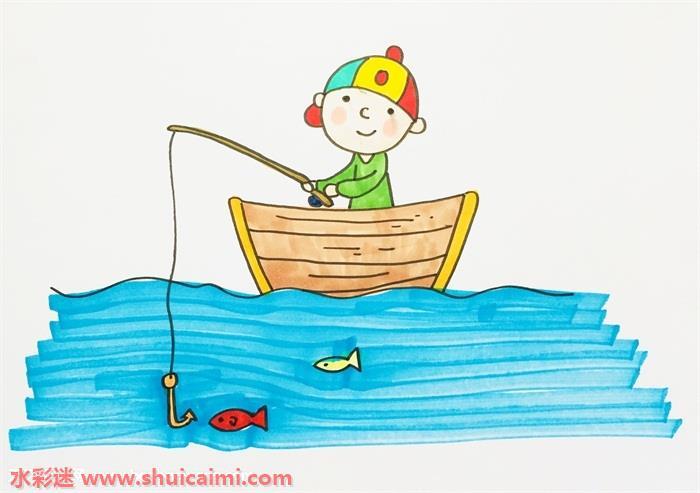 小孩钓鱼简笔画怎么画简单彩色