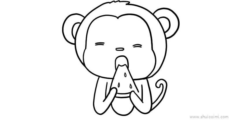 小猴子吃西瓜儿童画怎么画 小猴子吃西瓜简笔画图片大全