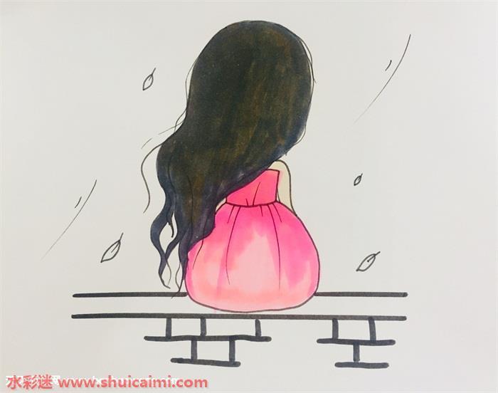 伤感女孩背影简笔画怎么画简单彩色
