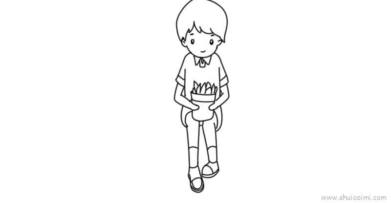 小男孩抱花盆儿童画怎么画 小男孩抱花盆简笔画图片