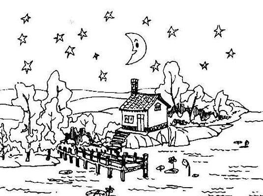 夜景简笔画 乡村夜景简笔画