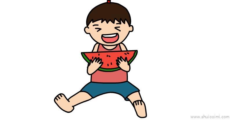 吃西瓜的儿童可爱简笔画教学