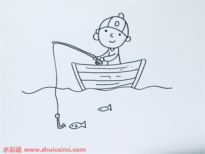 小孩钓鱼简笔画怎么画简单彩色