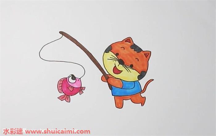 小猫钓鱼怎么画 小猫钓鱼简笔画步骤