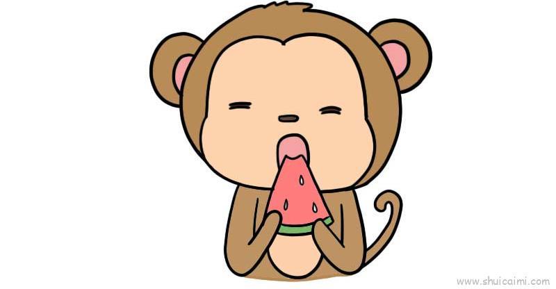小猴子吃西瓜儿童画怎么画 小猴子吃西瓜简笔画图片大全