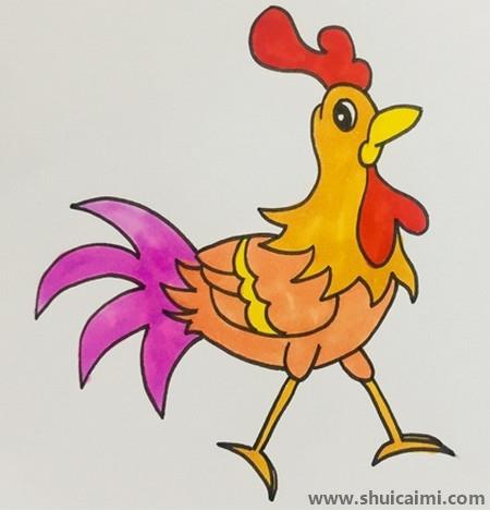 红冠大公鸡涂色简笔画教程