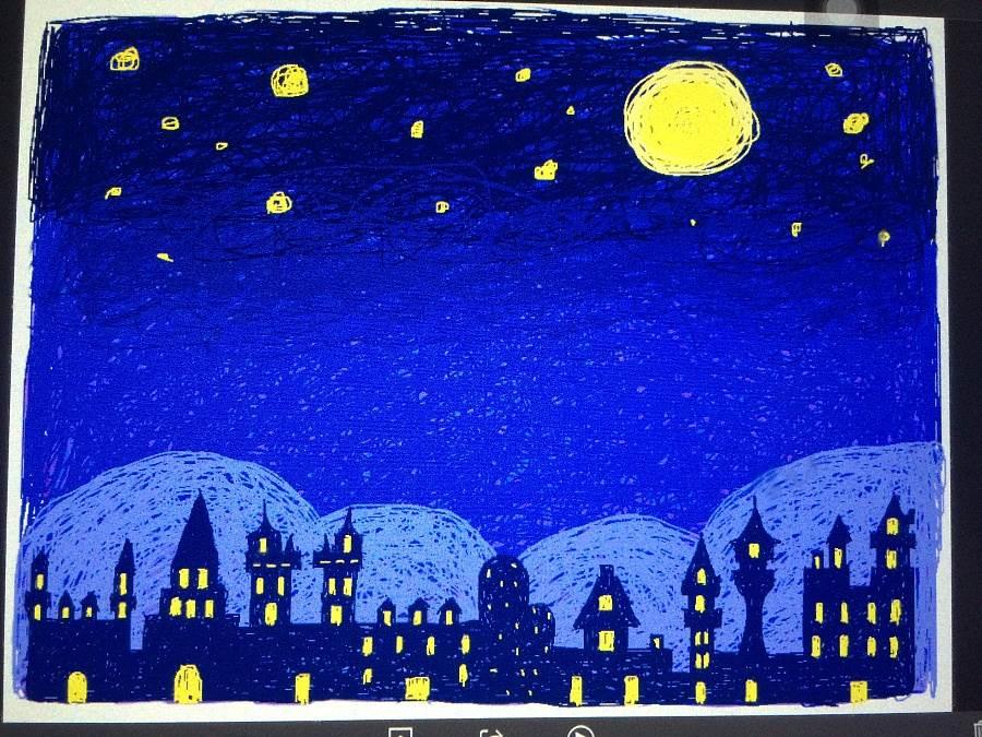 夜景简笔画 乡村夜景简笔画