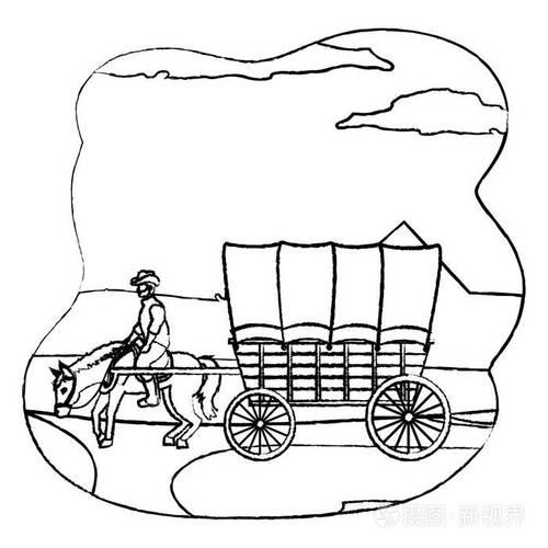与马车在沙漠矢量插图沙漠景观矢量图中的骑马人退化线人骑马与马车在