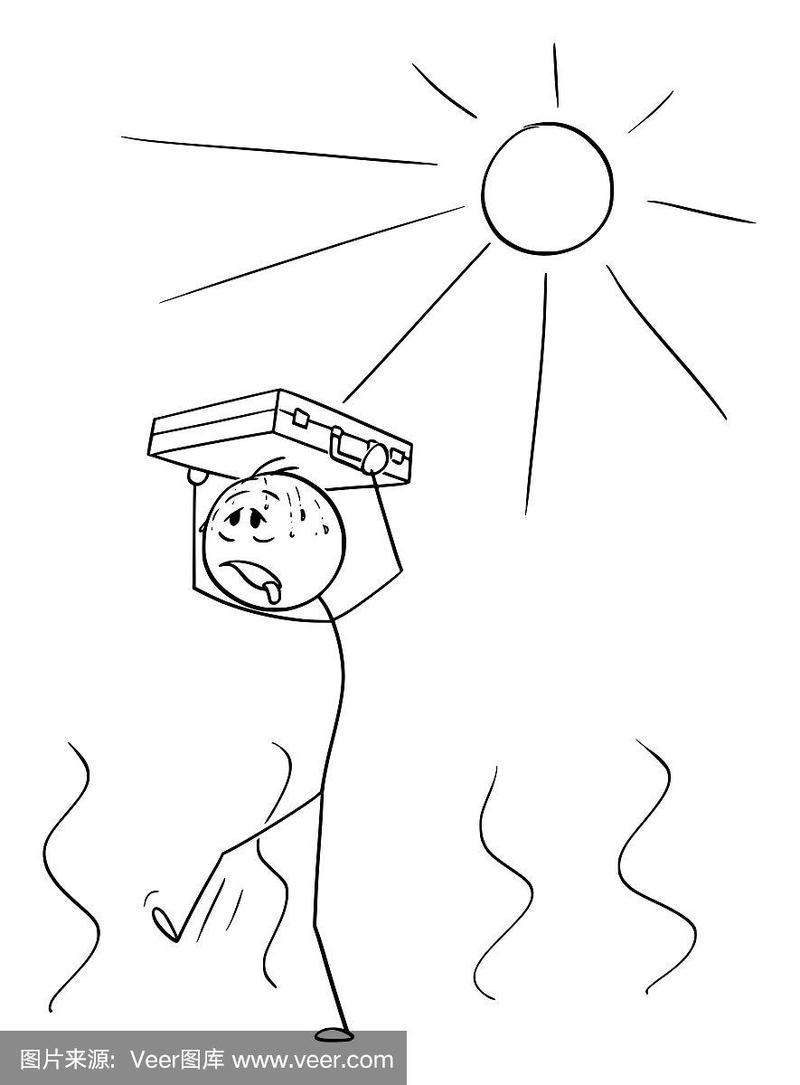 矢量卡通口渴的人或商人走在炎热的天气与公文包保护他的头从太阳