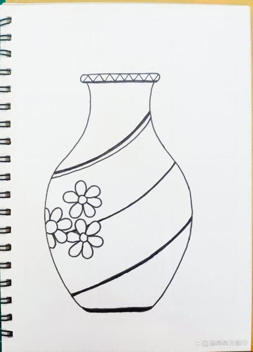 将瓶身分为四个区域针管笔勾线铅笔起稿画面组成一个肚大口小的花瓶