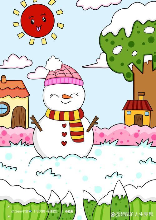 可爱的小雪人儿童绘画冬天主题画雪人儿童画下雪