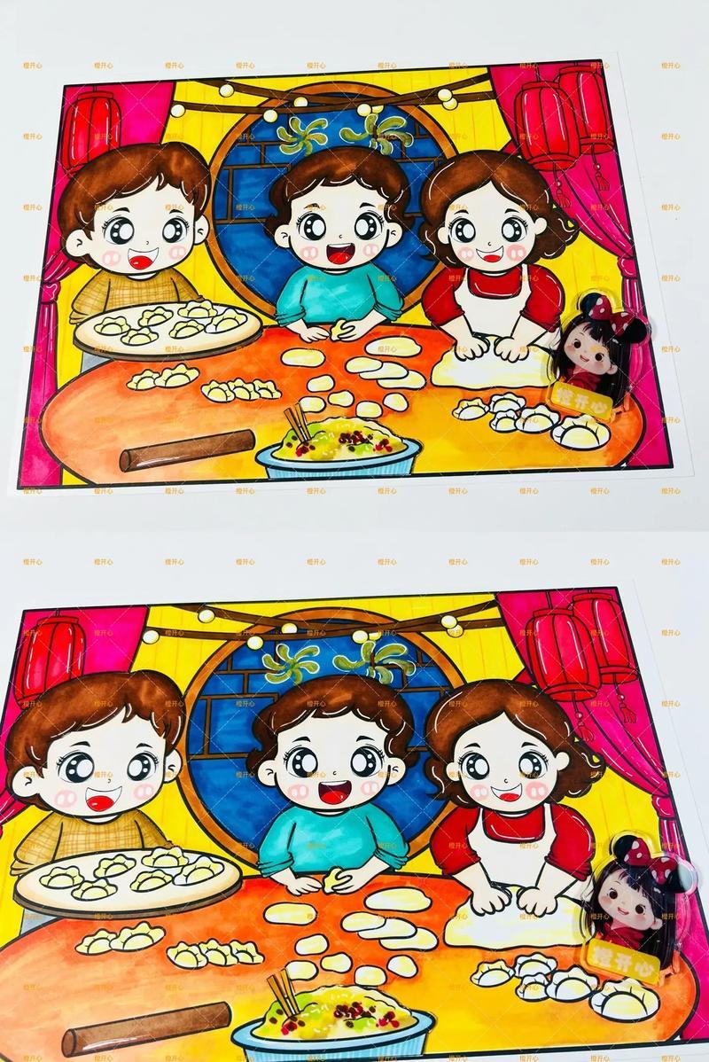 303新年包饺子儿童画购线稿儿童画主题画包饺抖音