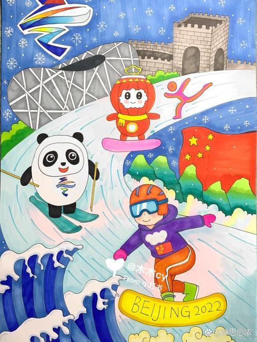 附线稿最近小朋友放寒假了都在画冬奥会主题画为冬奥会运动健儿们