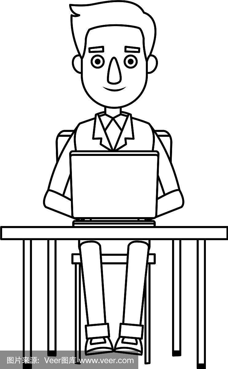 卡通年轻人坐在笔记本电脑工作的形象