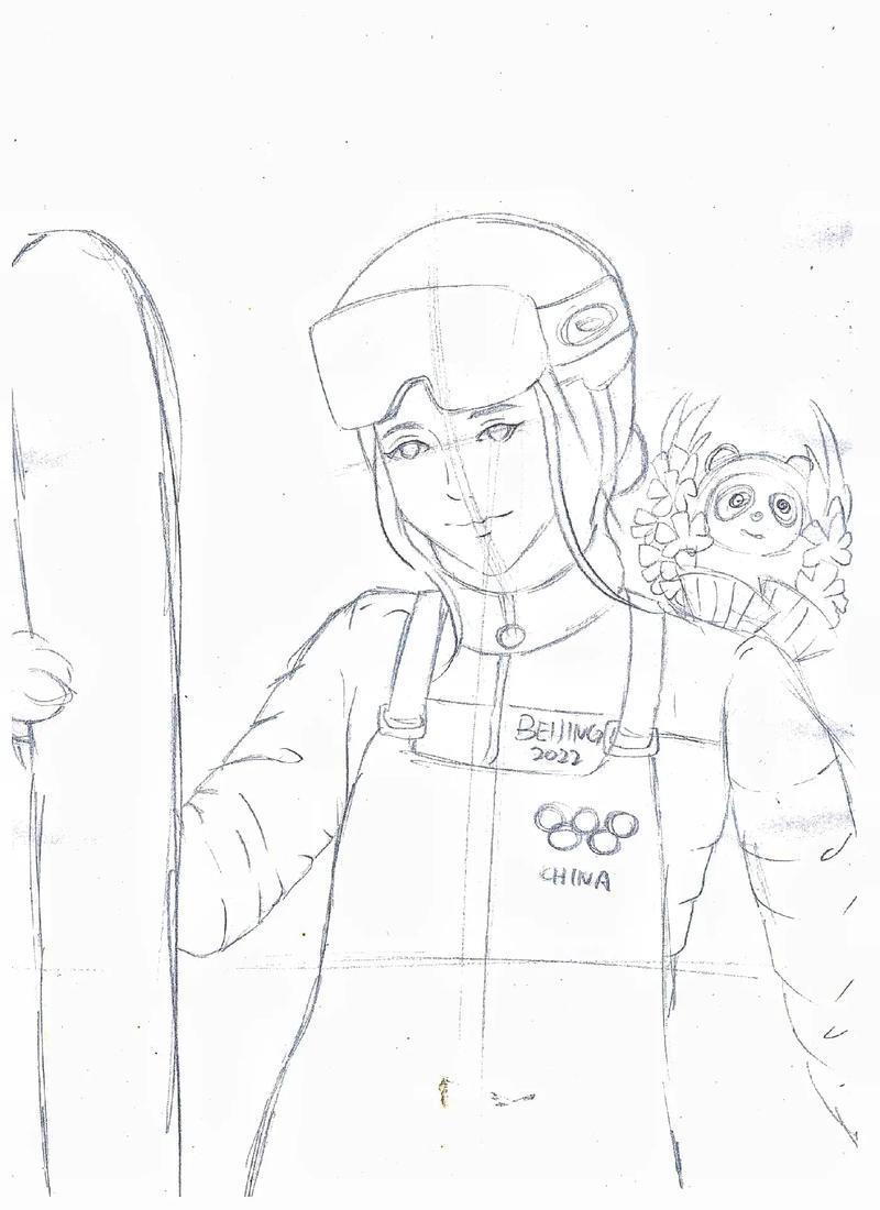 马克笔手绘线稿冬奥主题画滑雪冠军谷爱凌手绘画画抖音