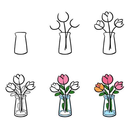 今天我来分享一幅超级简单又好看的花瓶花简笔画