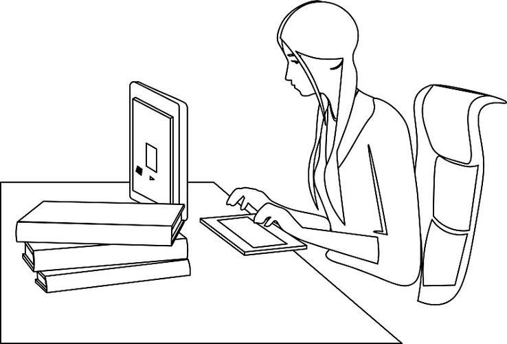 坐在电脑前的极简线条艺术女性图片下载