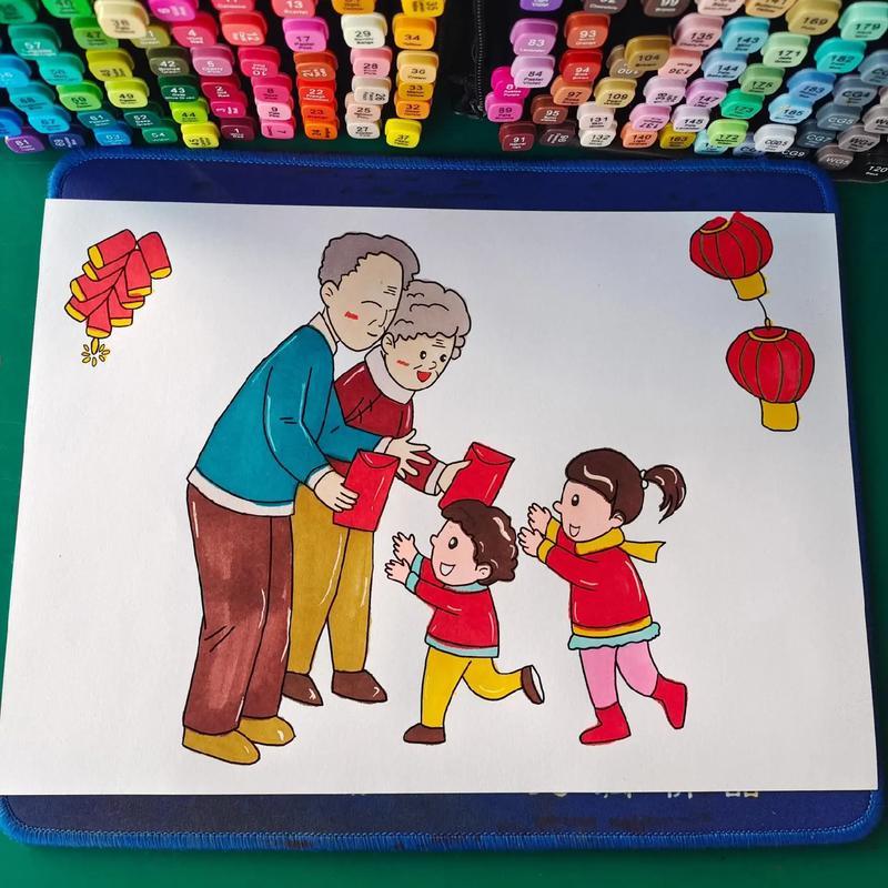 爷爷奶奶发红包啦新年主题画新年快乐手抄报作业龙抖音