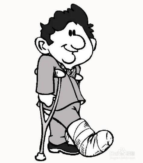 拄拐杖腿受伤的男人的简笔画