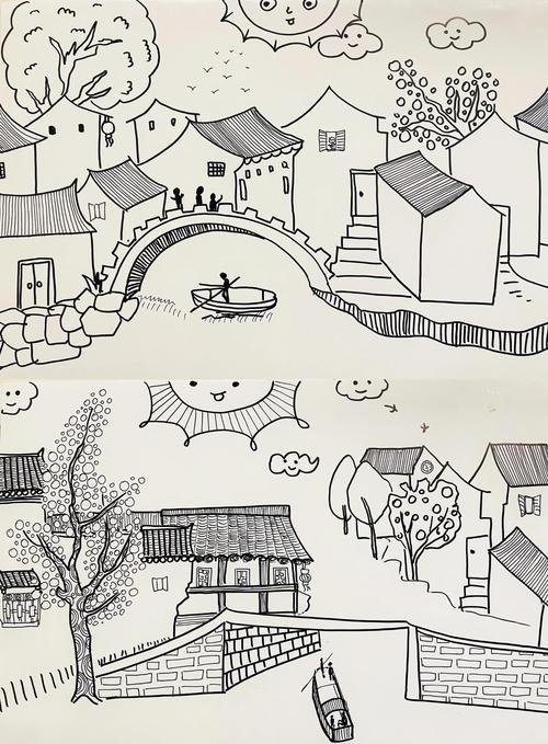 今天我们来画一幅简单的江南水乡简笔画首先我们可以