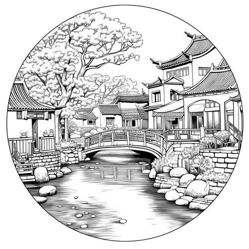 简笔画儿童画线描画ai绘画风景江南水乡笔记