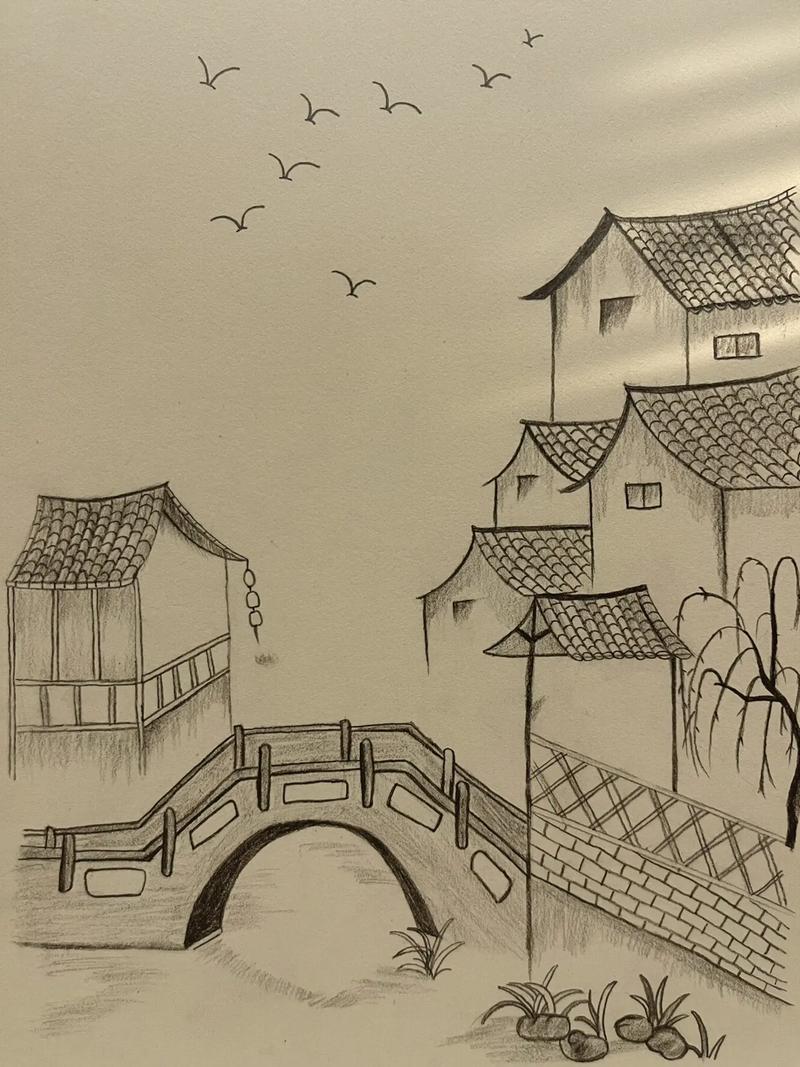 no51简笔画江南水乡希望在绘画临摹我希望抖音